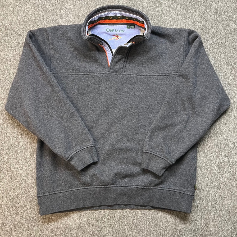 Orvis Mens Quarter Zip Pullover Sweatshirt Charcoal Grey Fly Fishing Logo Medium